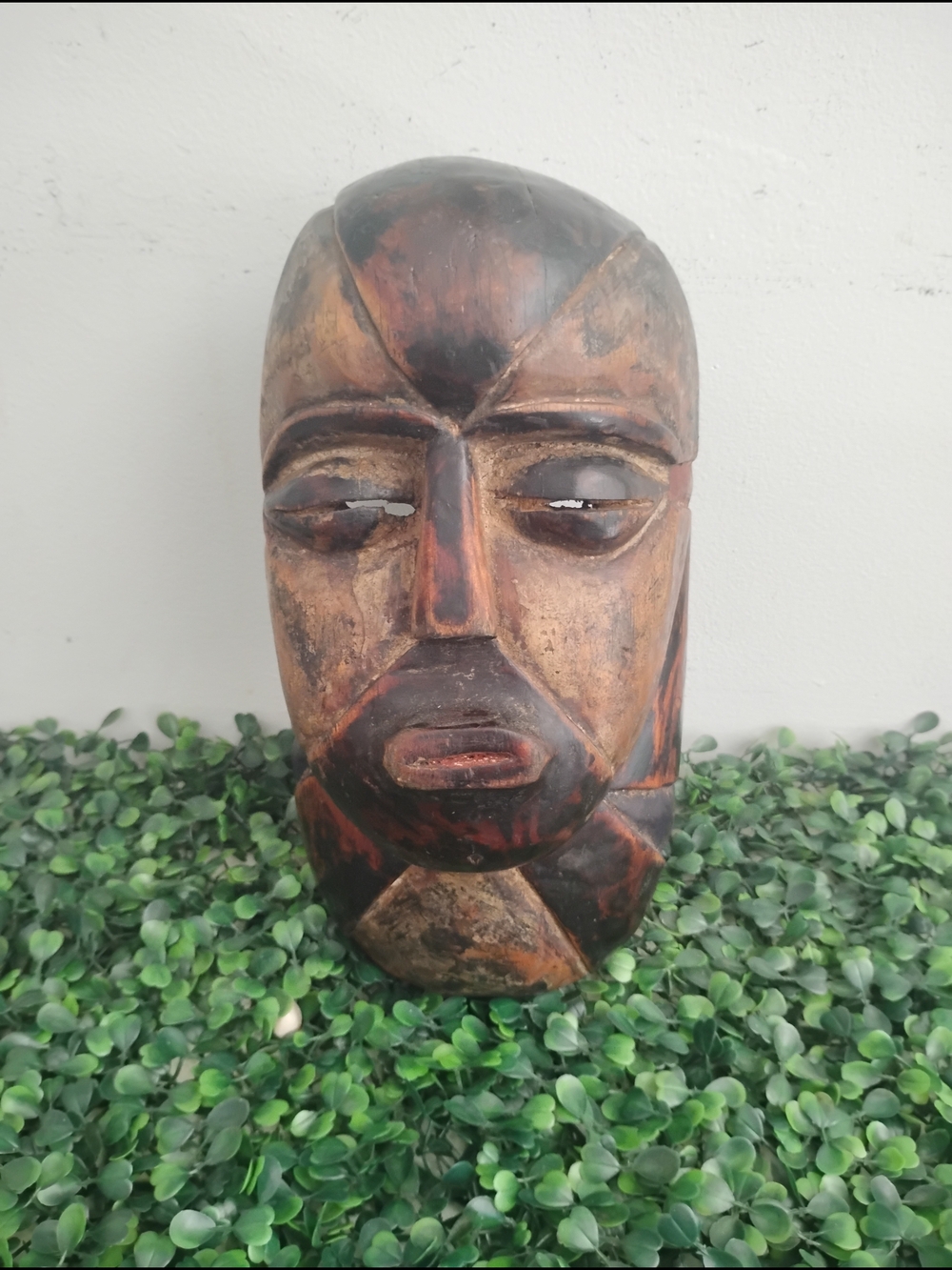 Rustic Brown & Black Carved Wooden Face Sculpture